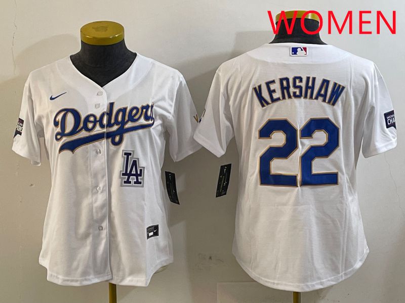 Women Los Angeles Dodgers #22 Kershaw White Gold Game 2025 Nike MLB Jersey style 3->women mlb jersey->Women Jersey